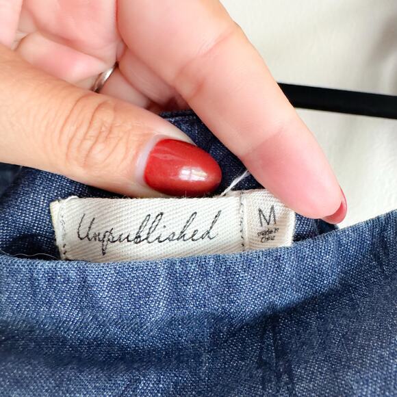 Unpublished Blue Denim Floral Print Square Neck Shoulder Tie Overalls Medium - Picture 4 of 8